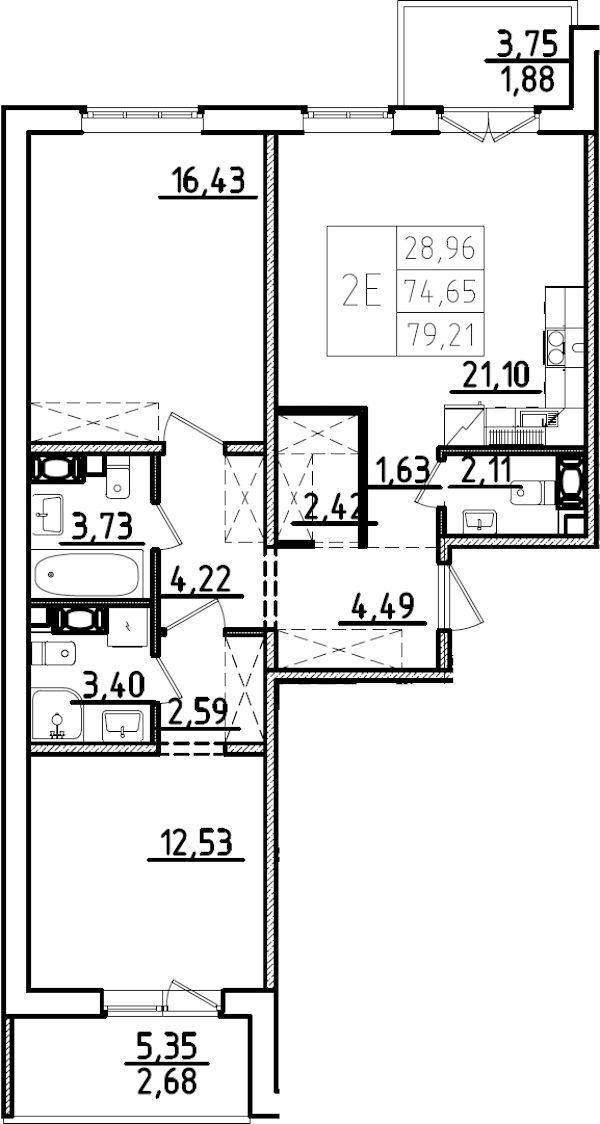 2-комнатная квартира 79.21 м², 3/9 эт., ЖК «IQ Гатчина 3»